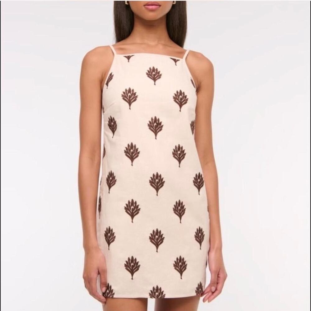 Abercrombie Fitch Cream Linen Blend Mini Dress Embroidered Leaf Low Back Sz S